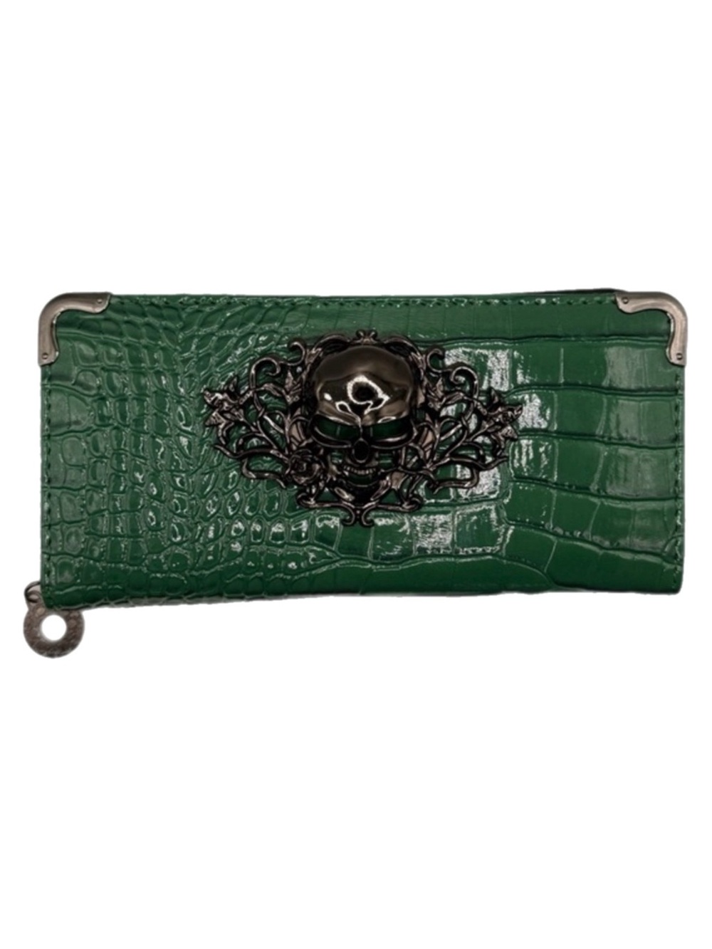 Emerald Green Embossed Women's Zip Around Wallet Black Metal 3D Skull